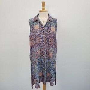 Zac & Rachel Womens Sleeveless Paisley Print Button Up Tunic Top Plus Size 1X